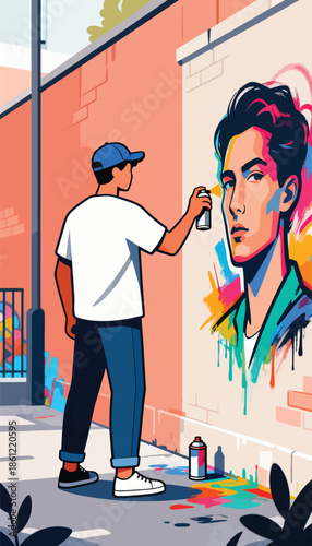 A youth in a blue cap sprays paint onto a mural of a man's face on a brick wall