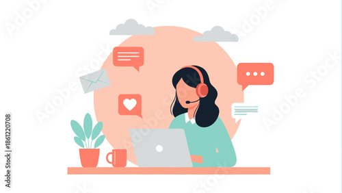Friendly customer service representative providing efficient online support and communication solutions, depicted in a clean and modern flat vector illustration style