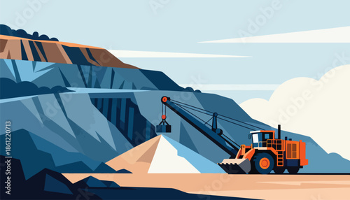 Open pit mine with dragline excavator and loader on a sunny day