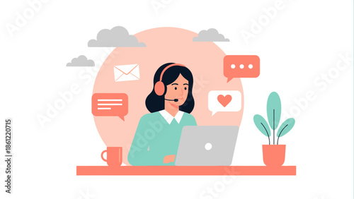 Customer service agent wearing headset and working on laptop, delivering online support, flat vector illustration