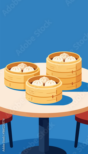 Three bamboo steamers filled with delicious dumplings sit on a table