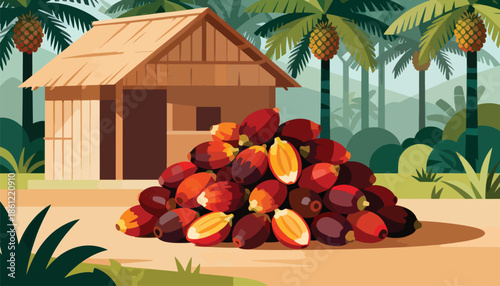 A rustic hut sits beside a pile of red and yellow fruits, surrounded by tropical vegetation
