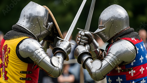 Medieval knights fighting with swords in full plate armor reenactment | Close-up of armored duel historical combat show | Two armored soldiers clashing swords at a faire | Jousting tournament historic
