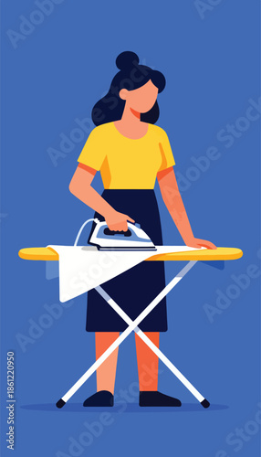 A person irons clothes on a board, performing a domestic chore
