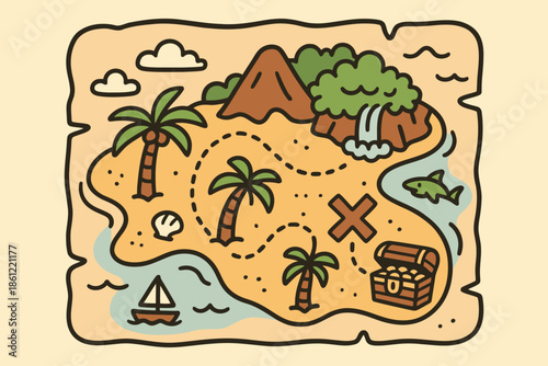 Pirate treasure map of a tropical island with hidden chest and secret path
