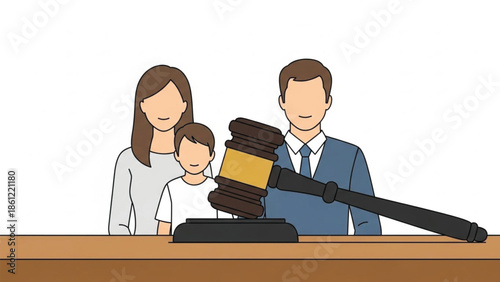 Family (father, mother, child) standing behind a desk with a prominent judge's gavel, symbolizing family law and legal matters.