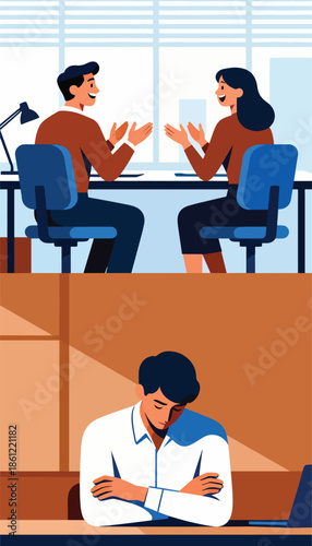Two professionals engage in a lively discussion while another colleague appears dejected