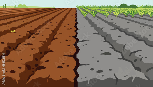 Tilled brown earth contrasts with a cultivated grey field with growing plants