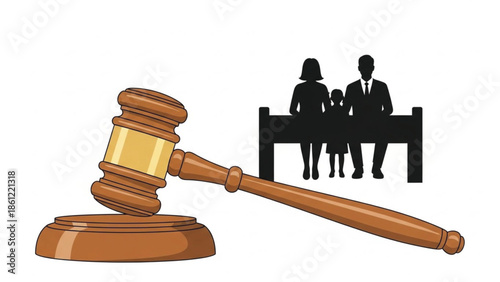 Judge's gavel and sound block in the foreground, with a silhouette of a family in the background, symbolizing family law proceedings.