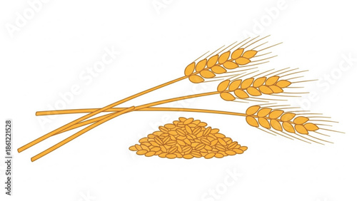 Three bundles of golden wheat stalks alongside a prominent pile of loose wheat grains, symbolizing agriculture and harvest.