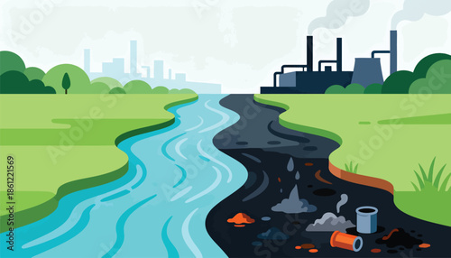 A stark contrast between a pristine river and a polluted, industrialized landscape
