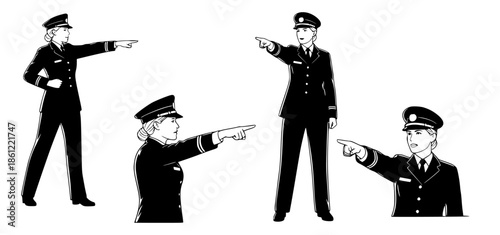 Illustrative collection of uniformed authority figures pointing directions, representing guidance, command, or focus on a specific area. A versatile graphic for various communication needs
