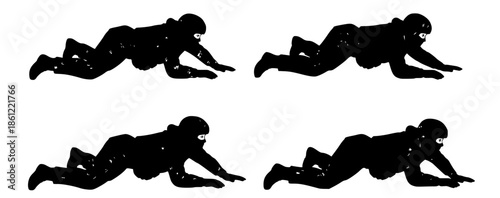 Dynamic black silhouettes depicting a person performing a commando crawl, showcasing tactical movement and stealthy ground navigation for military or action-oriented themes