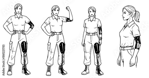 Dynamic illustration showcasing a resilient female veteran equipped with advanced prosthetic limbs, embodying strength and adaptive technology in various confident stances