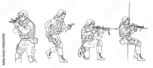 Line art illustrations of military personnel in action, tactical gear, and weapons