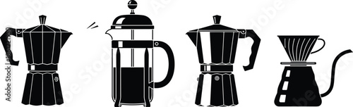 Set of Coffee Maker Icons including Moka Pot French Press and Pour Over, Caffeine Beverage CAD Drawing Flat Vector Illustration