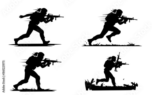 Dynamic silhouettes of a running female warrior with a rifle, depicting powerful action and swift movement in a stylized graphic illustration set