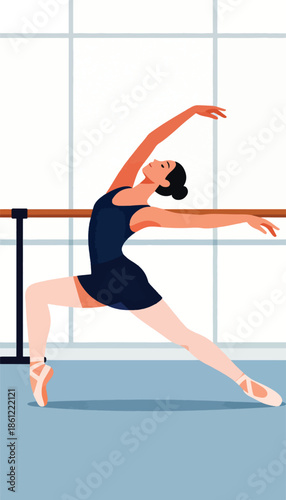Graceful ballerina in a dark leotard and ballet shoes stretches elegantly