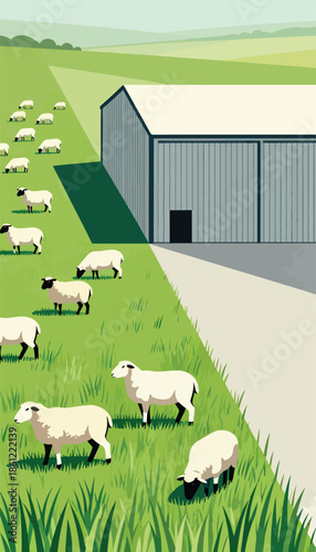 A pastoral scene features a flock of sheep grazing near a large barn