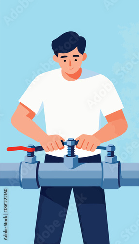Person adjusting a valve on a large pipe