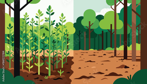 Two halves of a forest one lush and green, the other barren and brown