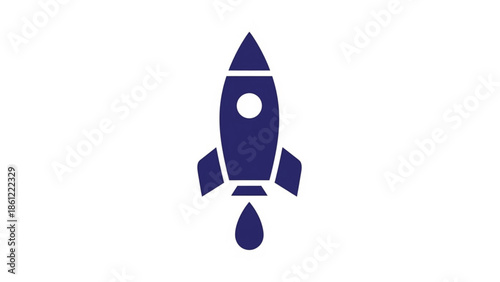 A clean, minimalist vector icon of a rocket ship launching upwards. This solid dark blue silhouette represents startup growth, innovation, space exploration, and success. 