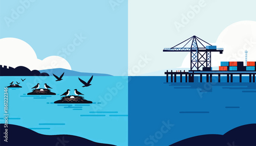 Birds nesting on islets contrast with a busy port crane and containers