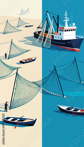 Two scenes depict fishing nets on a beach near small boats and a large vessel at sea