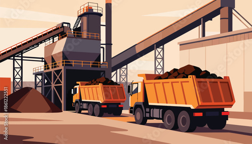 Two heavy-duty trucks transport coal at an industrial processing facility