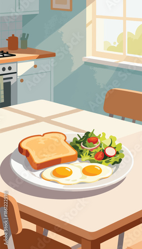 A morning meal of toast, fried eggs, and salad is served on a table in a bright kitchen