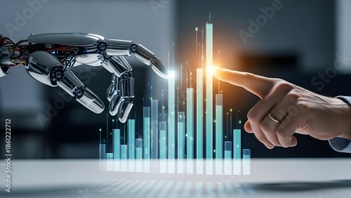 Robot and Human Finger Touching Digital Bar Graph Representing Artificial Intelligence in Financial Growth and Data Analysis