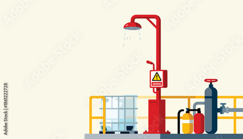 Industrial safety station with shower, tank, and warning sign