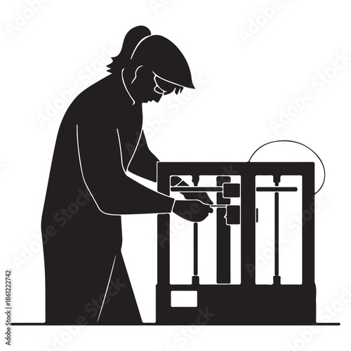  A person in glasses carefully interacting with a 3d printer in a manufacturing process