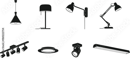 Collection of modern lighting fixtures including desk lamps pendant lights and track spotlights cad drawing flat vector illustration for interior design