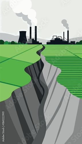 An industrial landscape with smoking chimneys divides a green field through a gaping chasm