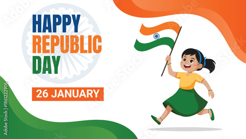 Happy Republic Day celebration illustration with joyful child holding indian tricolor flag for 26 january national pride greeting banner poster and patriotic vector artwork