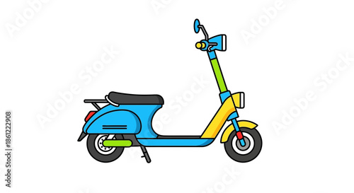 A colorful electric scooter is shown from the side on a white background.