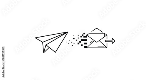 A paper airplane transforms into digital data as it flies toward an envelope.