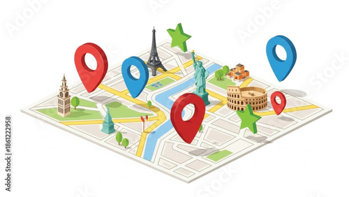 Isometric map illustration featuring famous world landmarks and colorful location pins, symbolizing global travel and tourism.