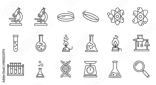 A collection of scientific icons representing laboratory equipment and concepts.