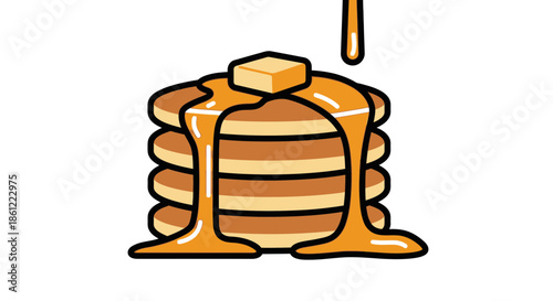 A stack of pancakes with butter and dripping syrup is ready to eat.