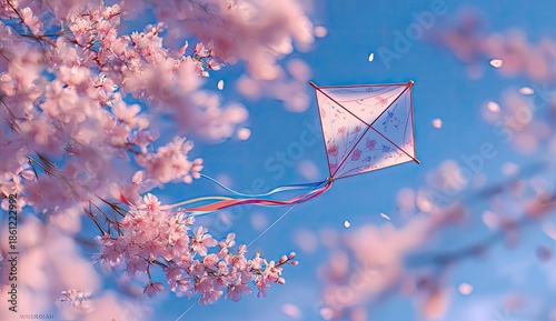 A whimsical scene with cherry blossoms, blue skies, and a kite floating freely