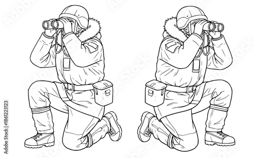 Soldier in winter gear using binoculars on knees for observation and surveillance