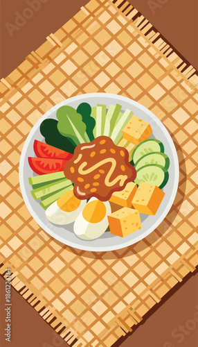 A delicious salad with boiled eggs, tofu, tomatoes, cucumbers, lettuce, and peanut sauce