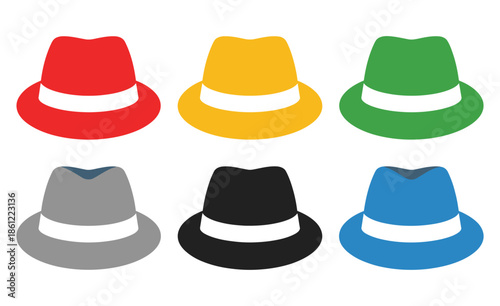 Set of six colorful hat icons, vector illustration, ideal for clothing design, fashion projects, web and mobile app interfaces, infographics, and creative artwork.