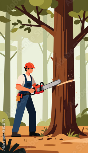 Person in overalls and helmet cutting tree with chainsaw in forest