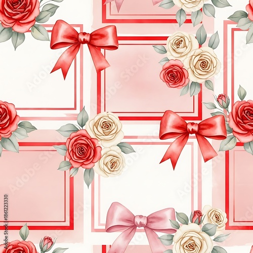 Watercolor Seamless Pattern with Romantic Roses, Ribbons, and Decorative Frames