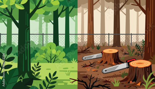 Lush forest contrasts with cleared land and felled trees with chainsaws