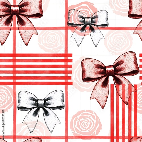 Elegant Festive Seamless Pattern with Hand-Drawn Bows, Roses, and Plaid in Vintage Red and White