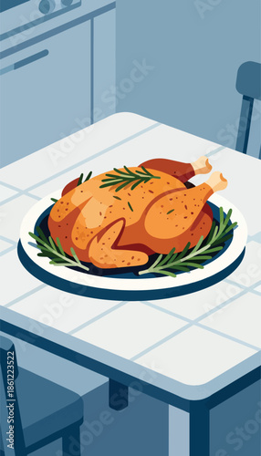 A festive roast chicken garnished with rosemary rests on a dining table